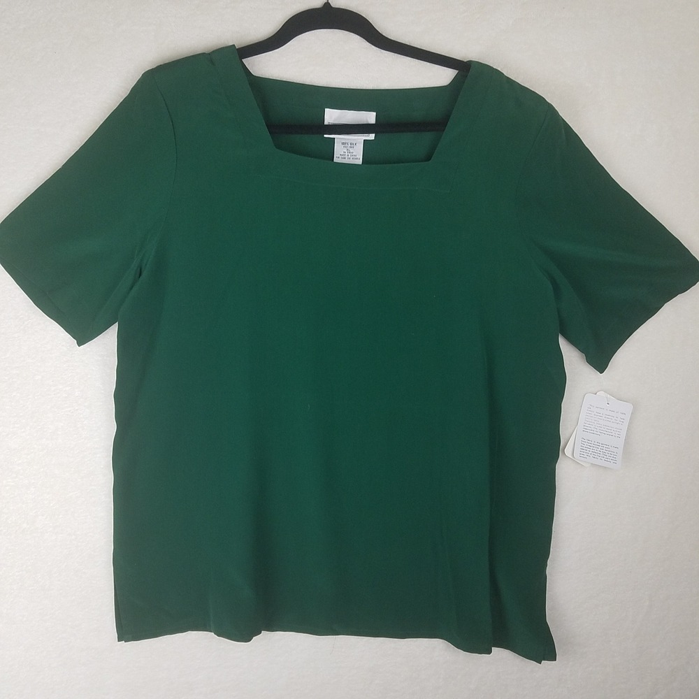 Christie & Jill Silk Blouse Women XL Green NWT Square Neck Short Sleeve 832-1895